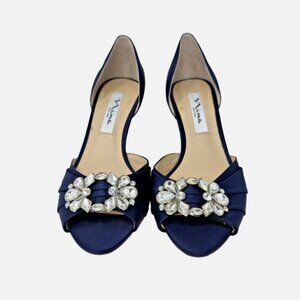 Nina Corrine D'Orsay Pump Navy Satin Peep Toe Jeweled Buckle Womens Size 6.5 M